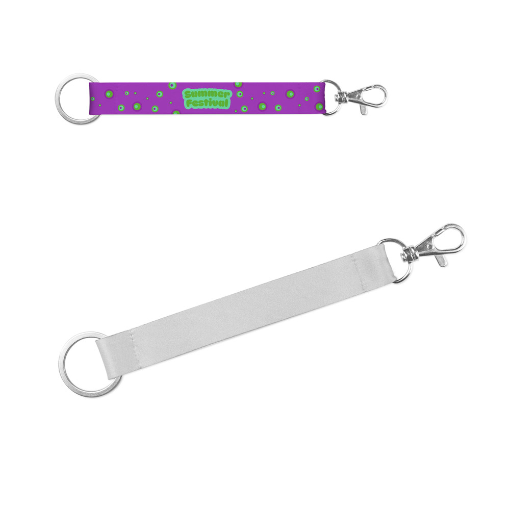 WALSALL. Lanyard corto per stampa a sublimazione, realizzato in poliestere riciclato (100% rPET) con anello standard e moschettone
