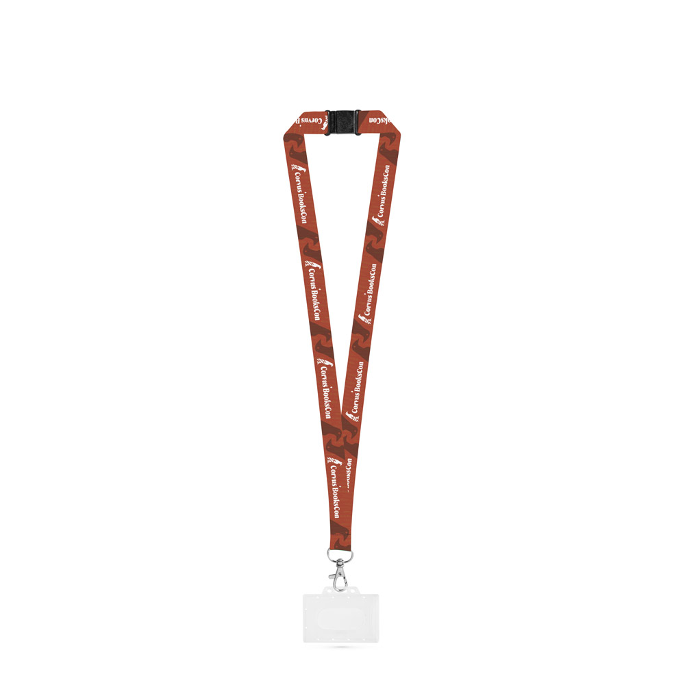 CARLISLE. Lanyard in poliestere stampato a sublimazione con moschettone, chiusura di sicurezza e porta carte rigido