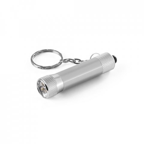RE-LERGAN. Aluminium keyring (92% recycled) with 3-light LED torch - Satin silver