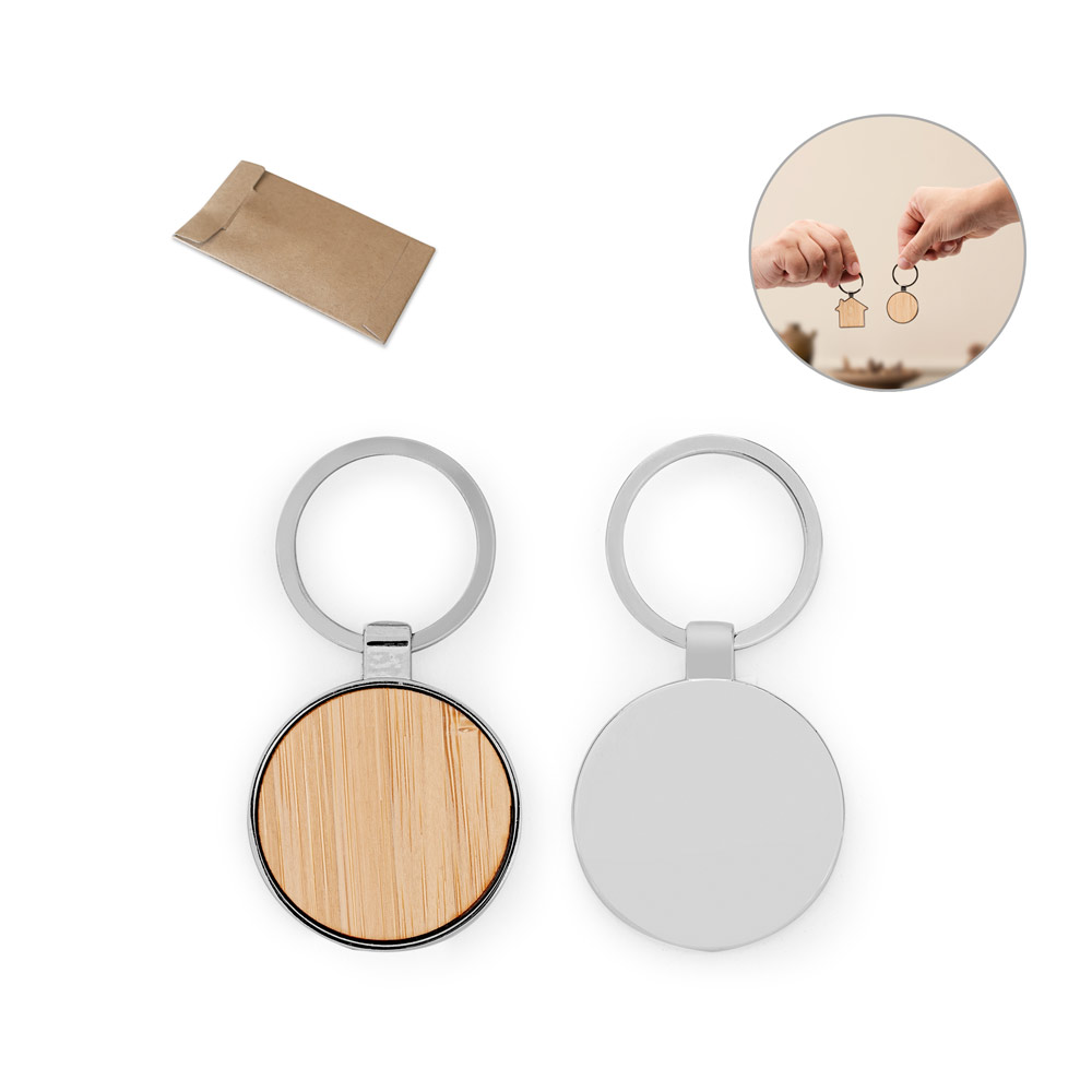 GASTON ROUND. Portachiavi in ferro con forma rotonda in zinco e bambù