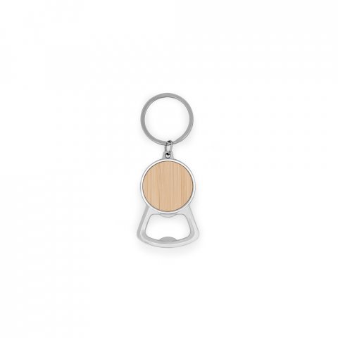 MEEKO. Iron keychain with a round shape in zinc and bamboo - Natural