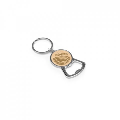 MEEKO. Iron keychain with a round shape in zinc and bamboo - Natural