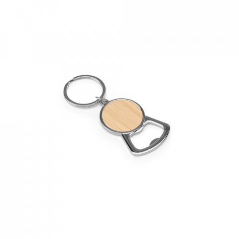 MEEKO. Iron keychain with a round shape in zinc and bamboo - Natural