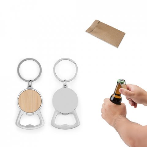 MEEKO. Iron keychain with a round shape in zinc and bamboo