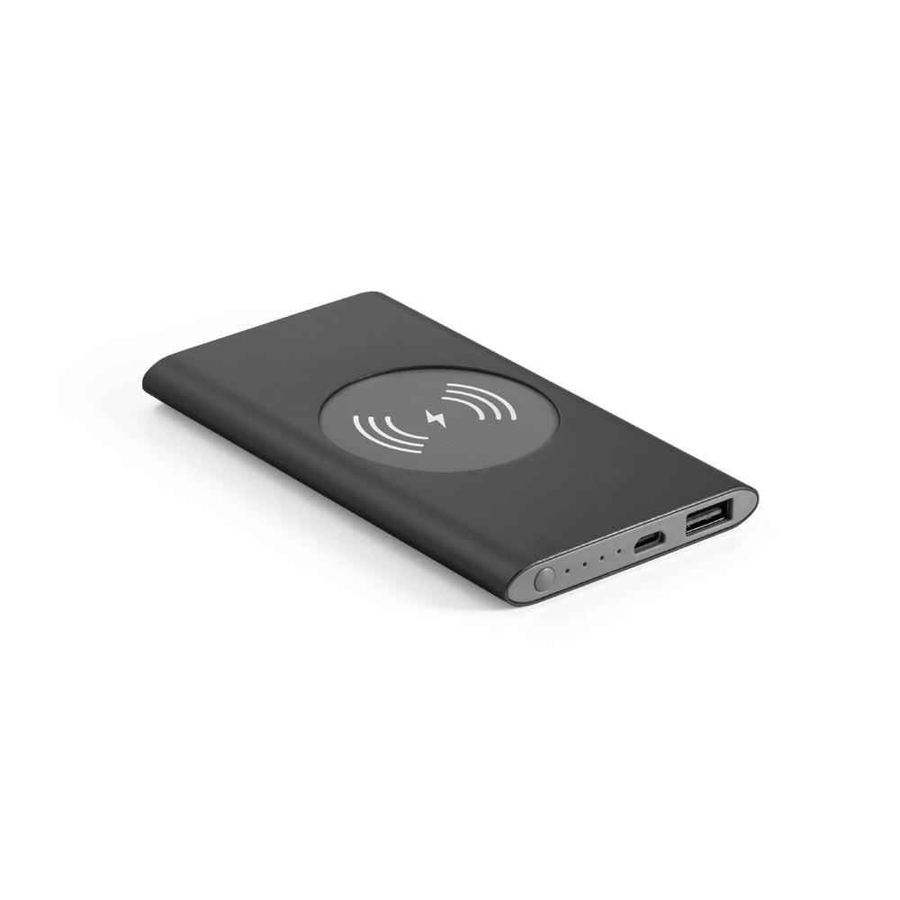 CASSINI. Power bank da 4'000 mAh con caricatore wireless da 5W in alluminio riciclato (100% rAL)