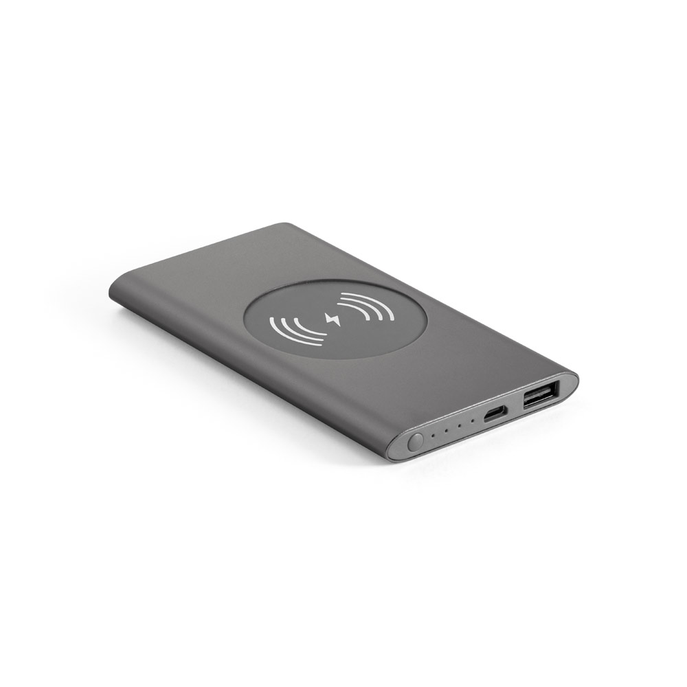 CASSINI. Power bank da 4'000 mAh con caricatore wireless da 5W in alluminio riciclato (100% rAL)