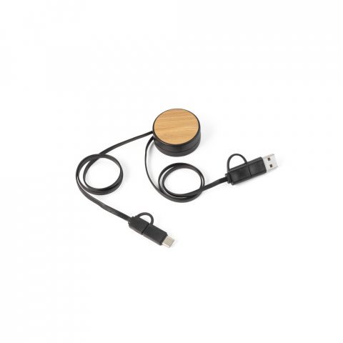RUBINS. Прибиращ се USB кабел 6 в 1 от рециклиран ABS (100% rABS) и бамбук - черно