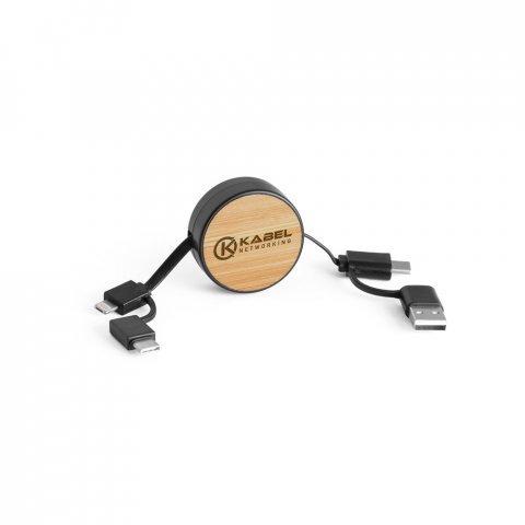 RUBINS. Прибиращ се USB кабел 6 в 1 от рециклиран ABS (100% rABS) и бамбук - черно