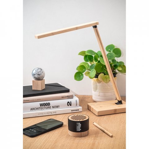 MOREY. Lampada da tavolo pieghevole con caricatore wireless superveloce da 15W in bamb&ugrave;
