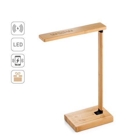 MOREY. Lampă de birou pliabilă cu &icirc;ncărcător wireless ultrarapid de 15W din bambus
