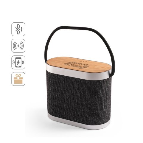 GUETTA. 5W draagbare luidspreker met supersnelle 15W draadloos oplader en 2 uur batterijduur gemaakt van bamboe en gerecycled PET (100% rPET)