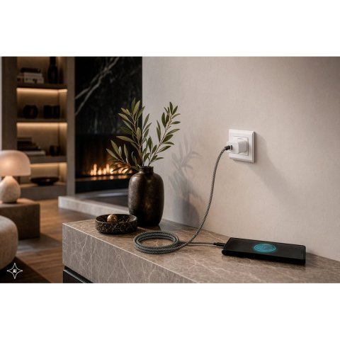 NADELLA. USB-C-naar-USB-C-kabel met een gevlochten polyestersnoer (60 W) en een magnetisch systeem om de kabel gemakkelijk op te rollen