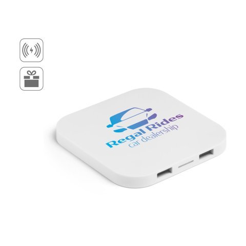 CAROLINE. Ładowarka bezprzewodowa Superfast 15W z 2 portami USB-A w ABS pochodzącego z recyklingu (60% rABS)