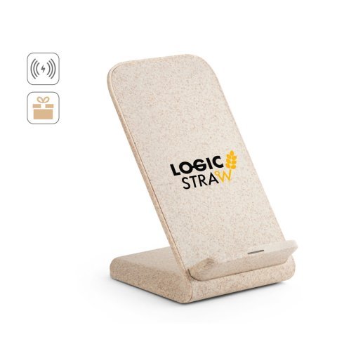 ENGLERT. Smartphone-Halter mit schnellem 10W wireless Ladeger&auml;t aus Recyceltes ABS (70% rABS) und Weizenstroh