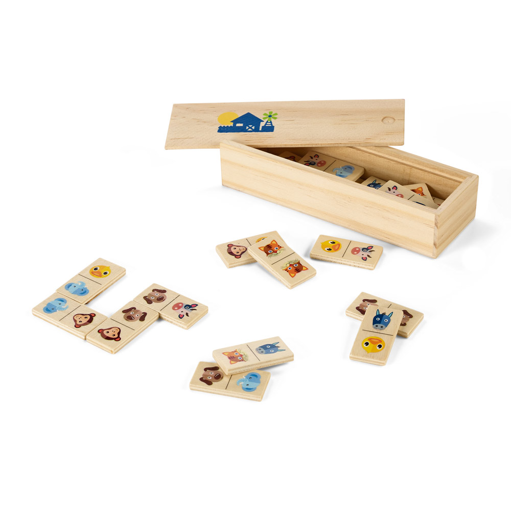 DOMIN. Gioco domino in legno per bambini. 28 pezzi con figure di animali