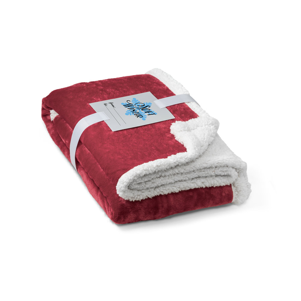 HEIDEN. Coperta reversibile in pile confezionata (190 g/m²) con nastro in raso e cartoncino personalizzabile